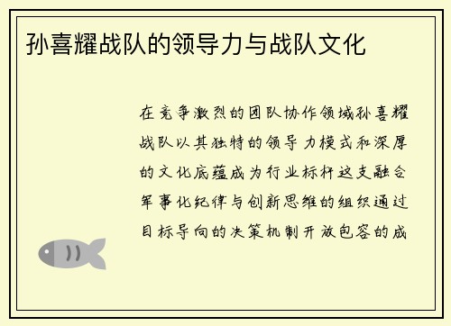 孙喜耀战队的领导力与战队文化